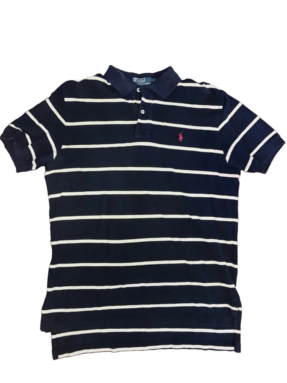 Ralph Lauren Navy & White Striped Polo Shirt with Pink Logo Size Medium